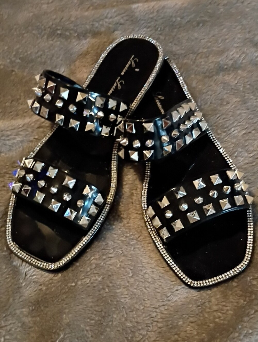 Lauren Lorraine Black Studded Double-Strap Slide Mules w/ Rhinestone Trim Size 6